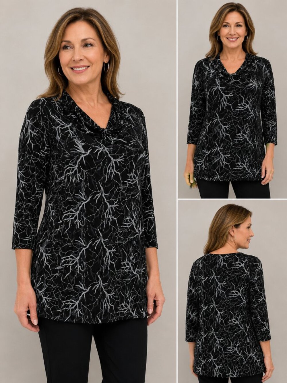 Picadilly Fashions Black & Silver Abstract Print Cowl Neck Tunic Top – Size L  E